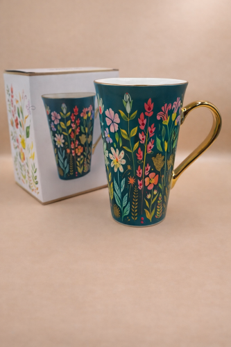 Kubek porcelanowy 700 ml – kwiatowa eksplozja kolorów ze złotym akcentem